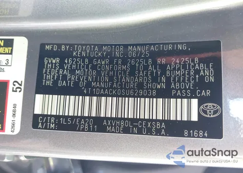 2025 Toyota Camry Se from USA, damaged, VIN 4T1DAACK0SU629038